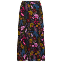 A high-waisted, A-line midi skirt featuring a vibrant, multicolored botanical and bird pattern on a black background, shown flat against a solid white backdrop.