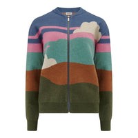 Colorful zip-up sweater with landscape design on a white background