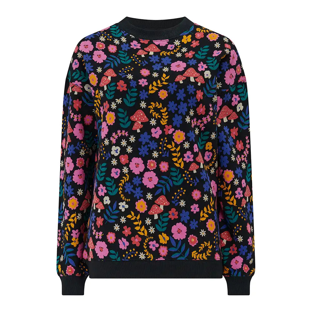 Colorful floral-patterned sweater on a white background