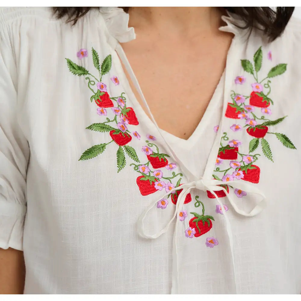 White blouse with strawberry embroidery on a plain background