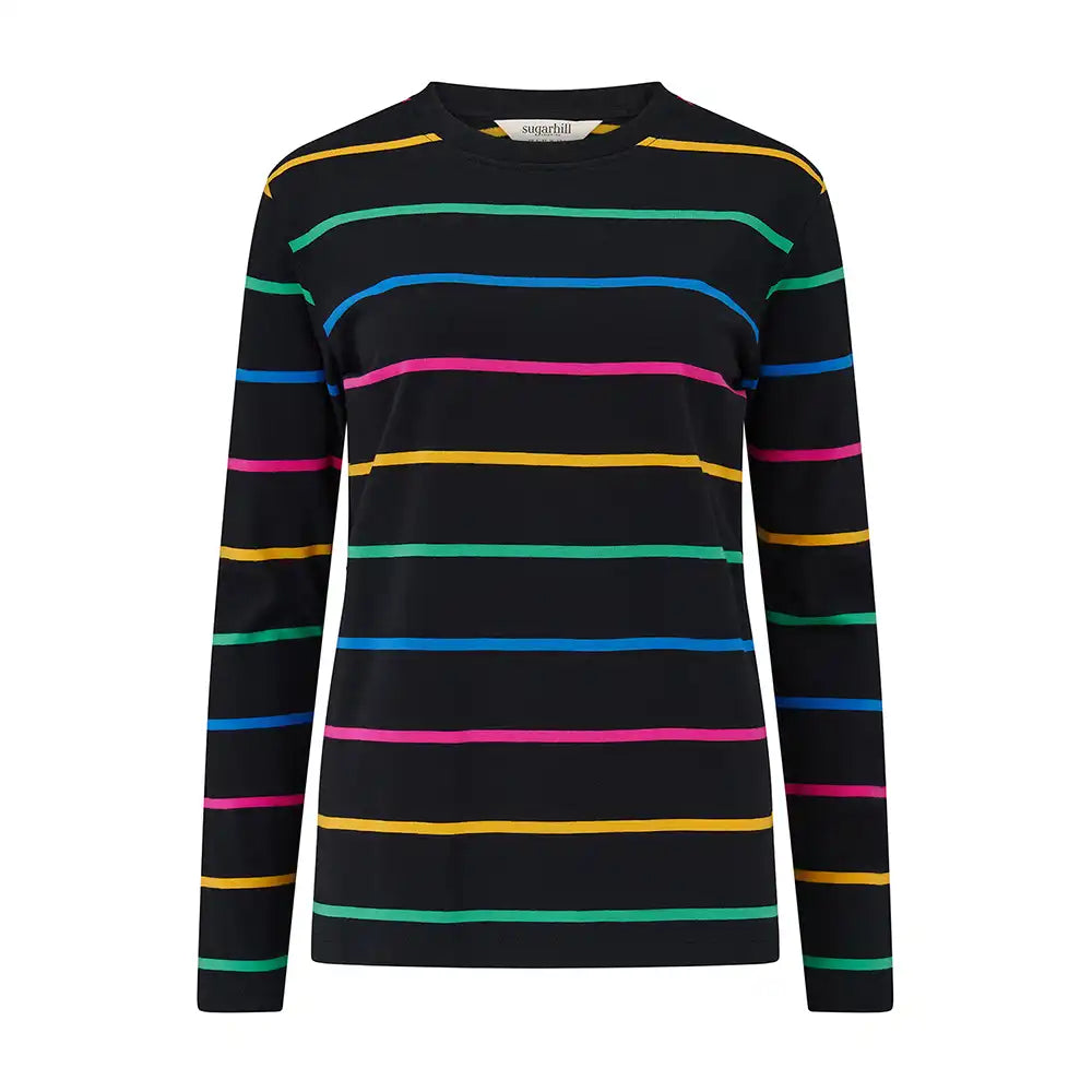 Black long-sleeve shirt with colorful stripes on a white background