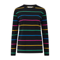 Black long-sleeve shirt with colorful stripes on a white background