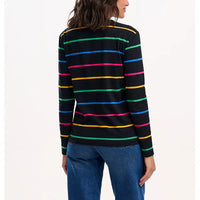 Person wearing a black sweater with colorful stripes on a white background