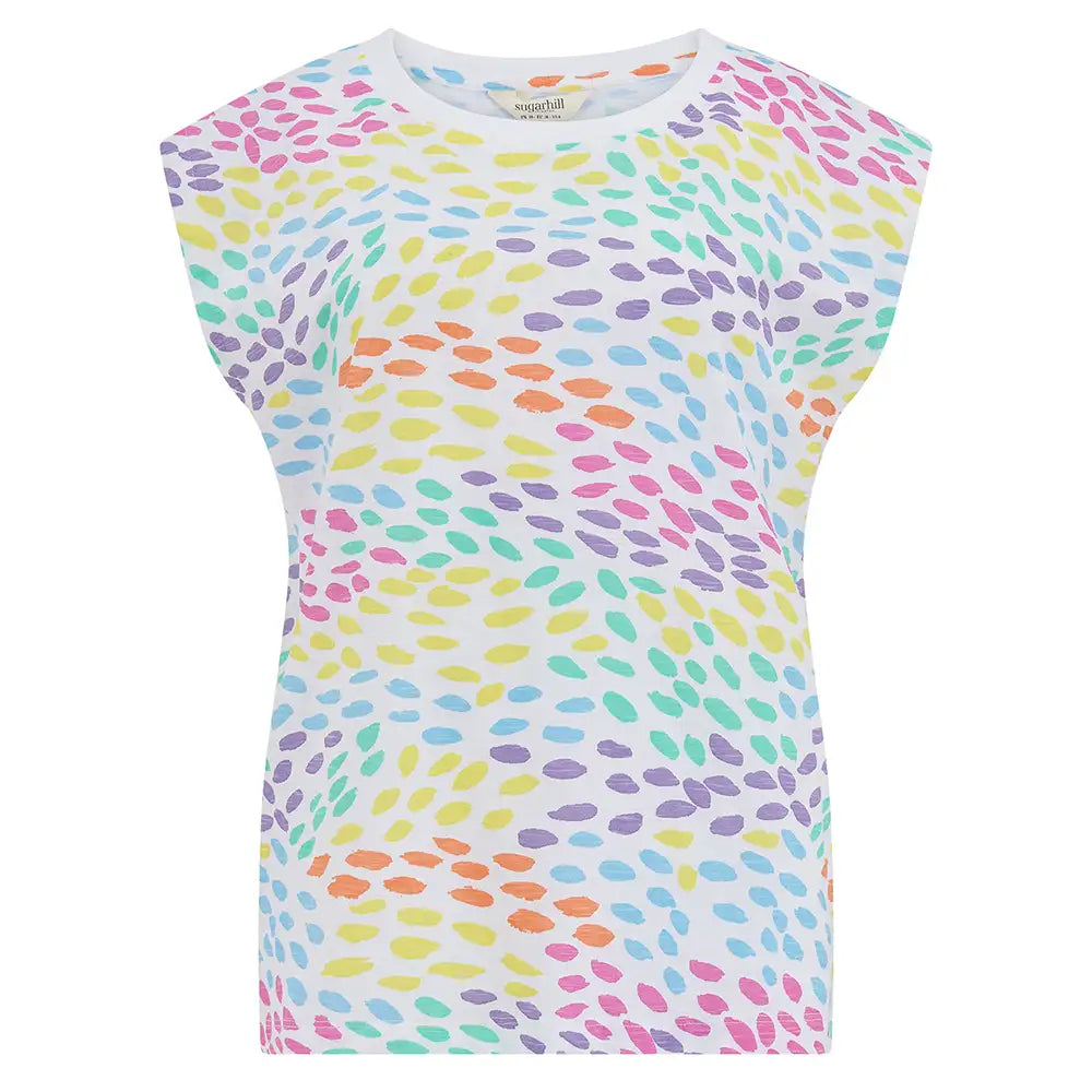 Sleeveless top with colorful abstract pattern on a white background
