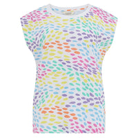 Sleeveless top with colorful abstract pattern on a white background