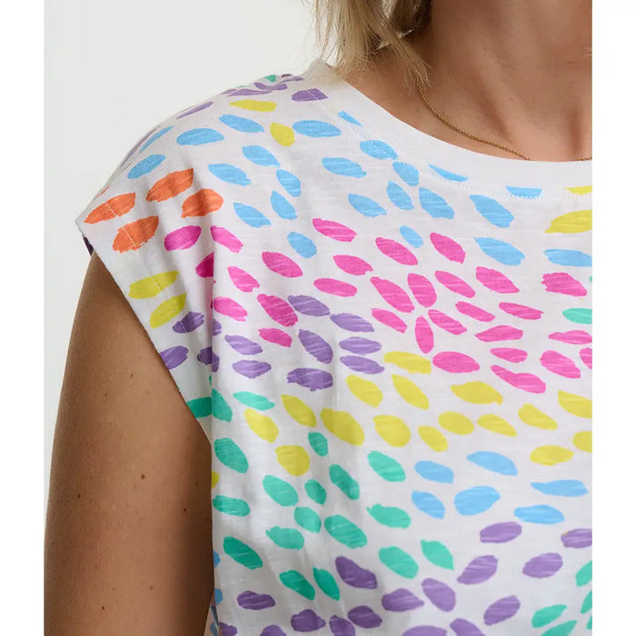 Colorful patterned sleeveless top on a white background