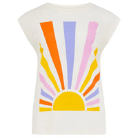 White sleeveless top with colorful sun design on a white background