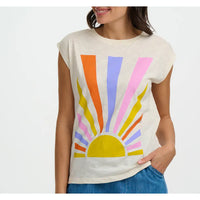 Woman wearing a sleeveless top with a colorful sun design on a white background