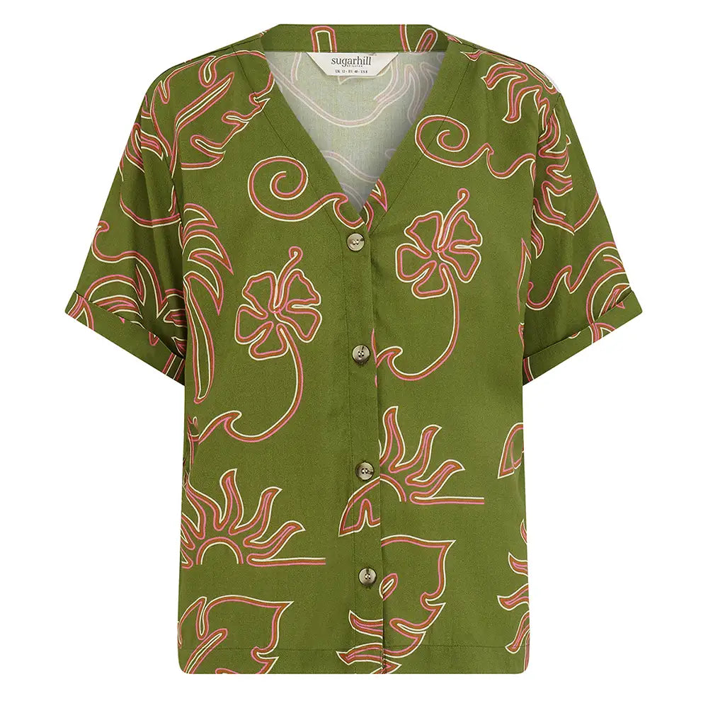 Green shirt with red floral pattern on a white background