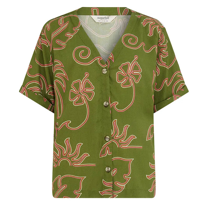 Green shirt with red floral pattern on a white background