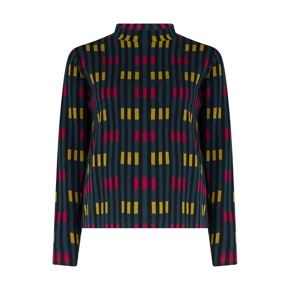 A long-sleeve turtle neck top featuring a geometric pattern of vertical dark blue stripes with yellow and magenta rectangular blocks, shown against a plain white background.