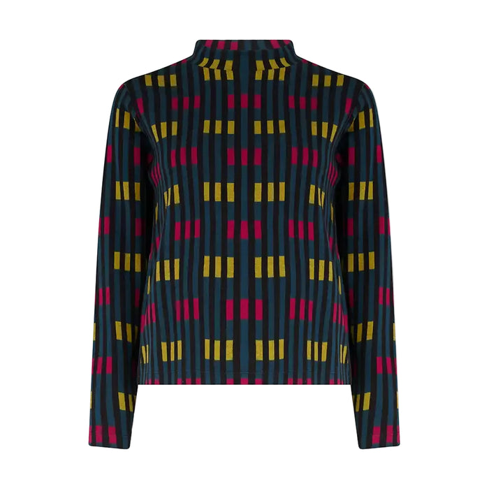 A long-sleeve turtle neck top featuring a geometric pattern of vertical dark blue stripes with yellow and magenta rectangular blocks, shown against a plain white background.