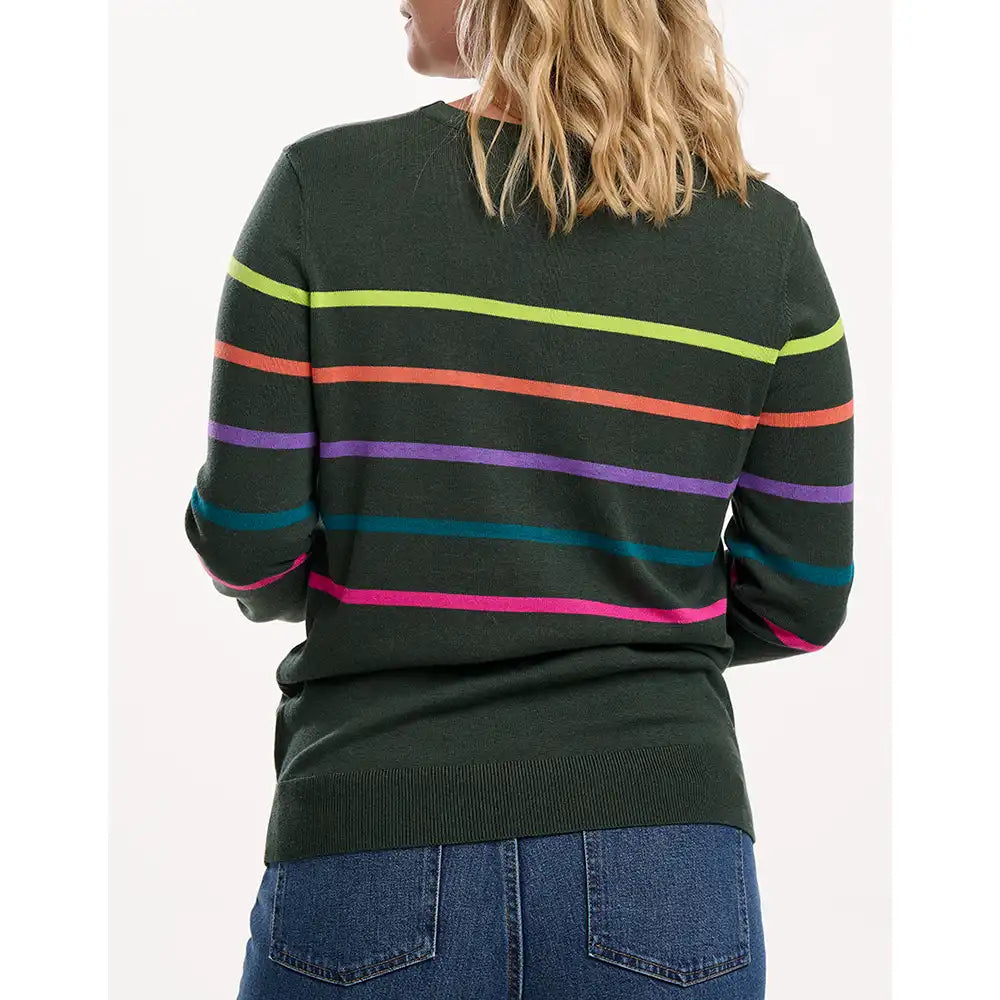 Person wearing a dark green sweater with colorful horizontal stripes on a white background