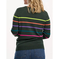 Person wearing a dark green sweater with colorful horizontal stripes on a white background