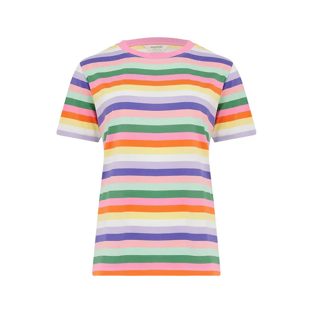 Multicolored striped t-shirt on a white background
