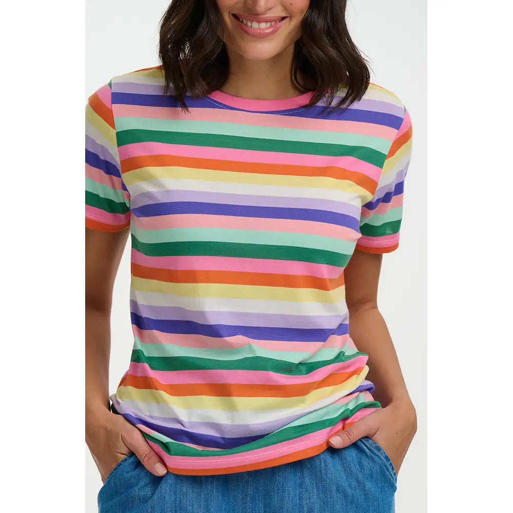 Person wearing a colorful striped shirt on a white background