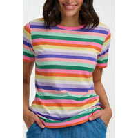 Person wearing a colorful striped shirt on a white background