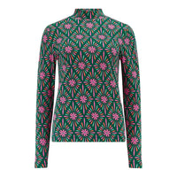 Green long-sleeve top with pink floral pattern on a white background