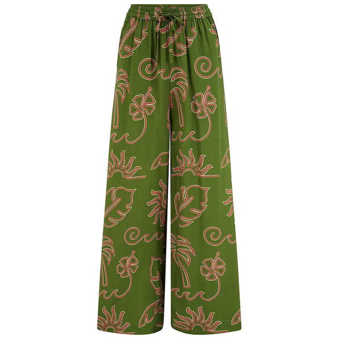 Green pants with brown floral pattern on a white background