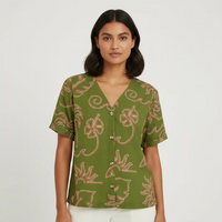 Woman wearing a green patterned shirt on a white background