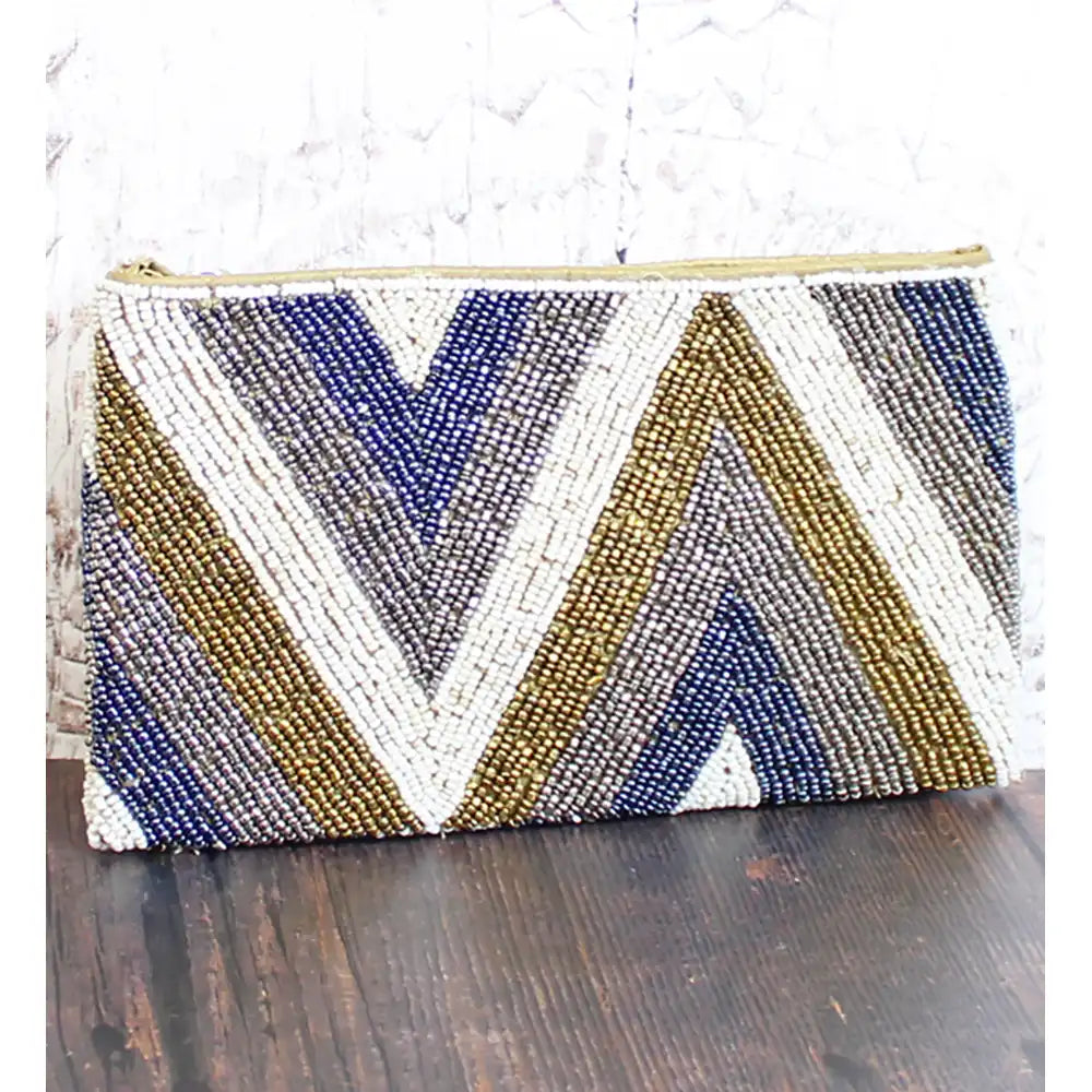 Beaded Zigzag Clutch Bag Beige Gold