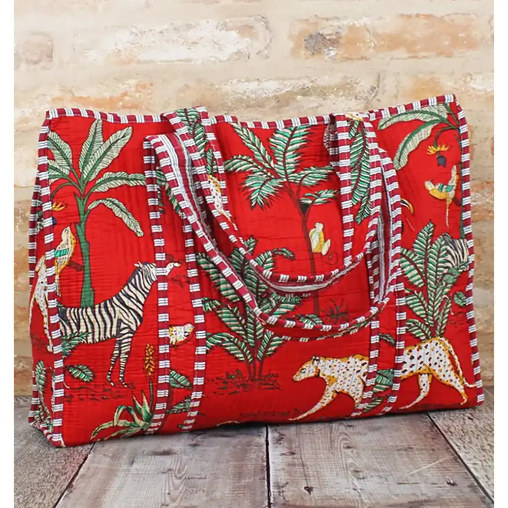 Quilted Cotton Bag - Red Jungle