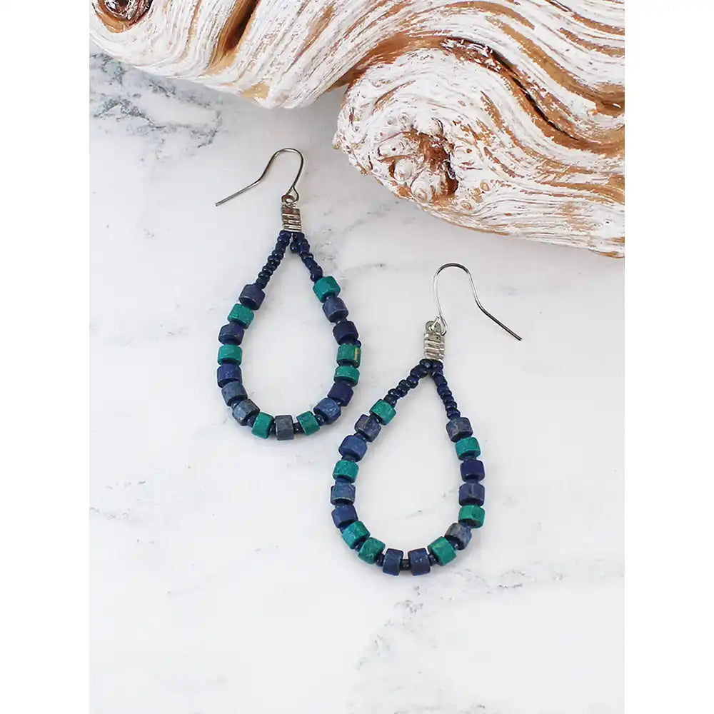 Wooden Bead Oval Drop Earrings - Blue