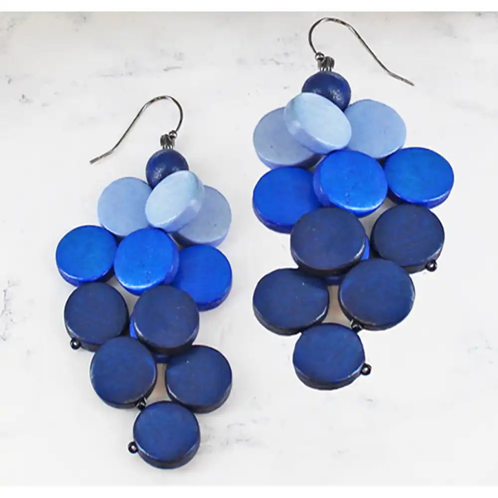 Wooden Disc Cluster Earrings - Blue