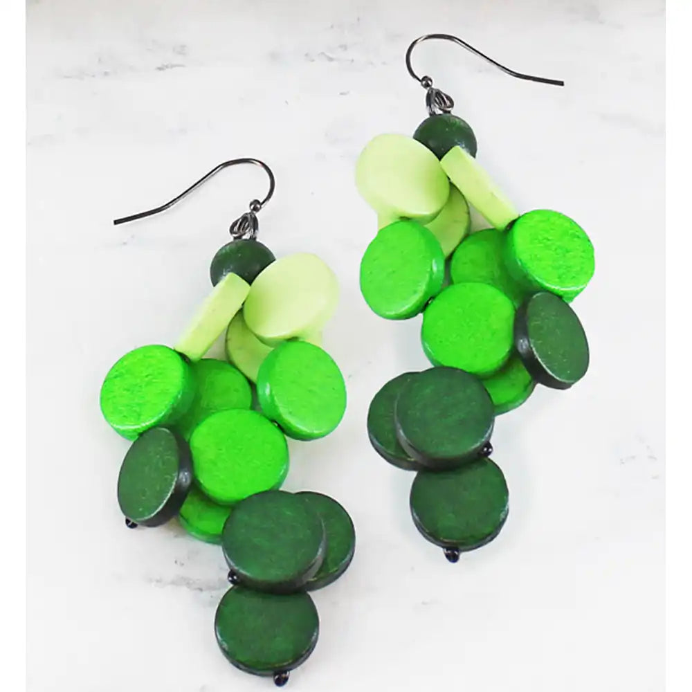 Wooden Disc Cluster Earrings - Green