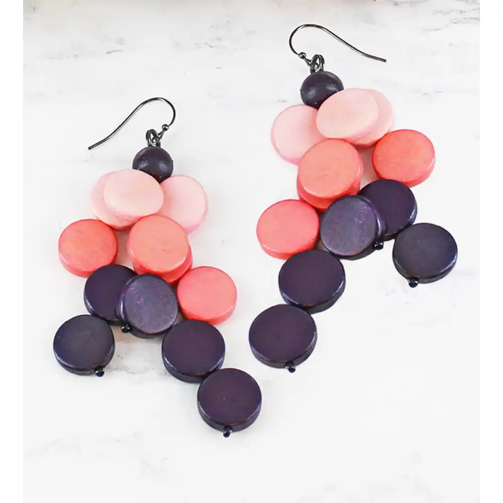 Wooden Disc Cluster Earrings - Purple