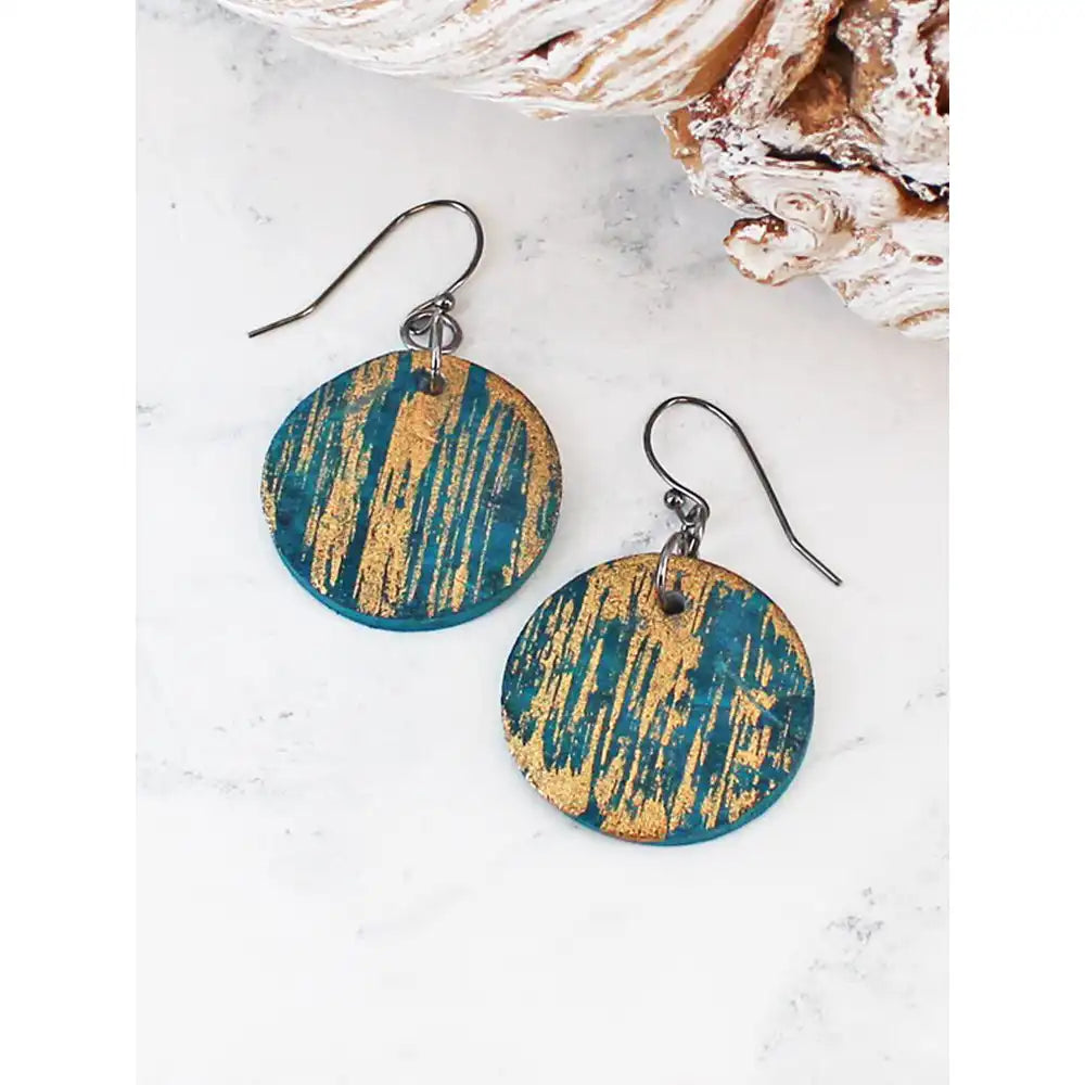 Round earrings on silver hooks in teal and gold colour.