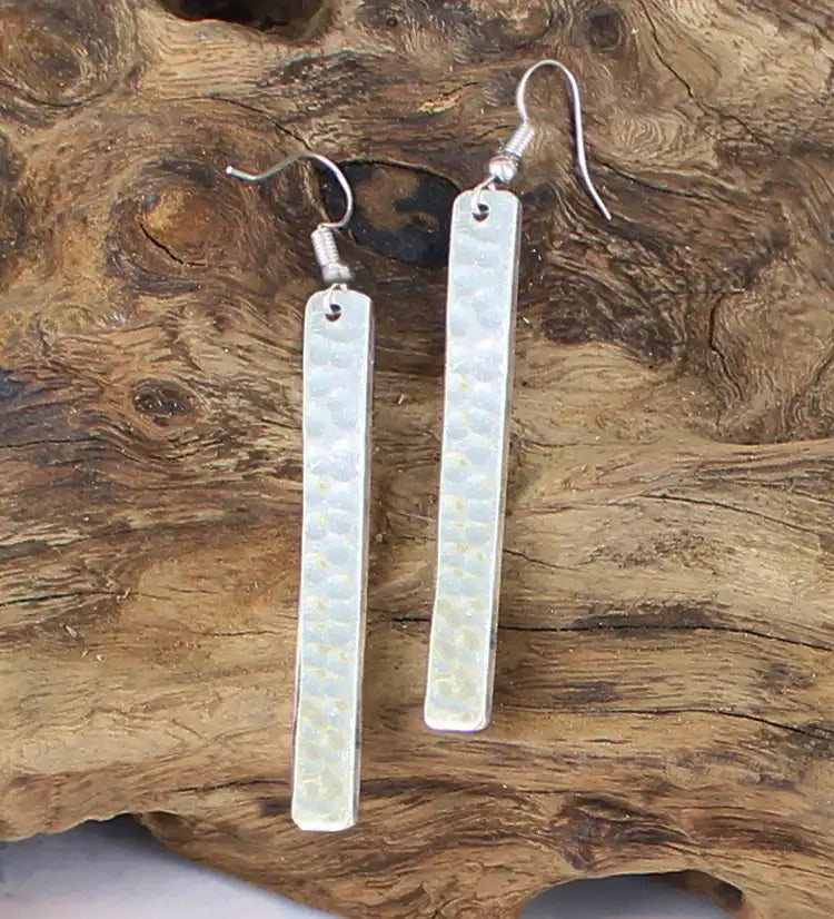 Hand Beaten Silver Baton Earrings