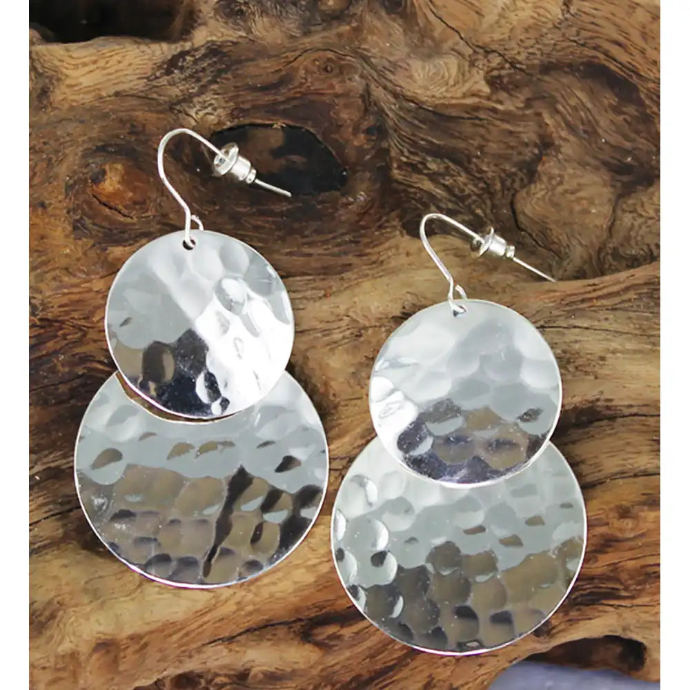 Double Beaten Disc Earrings - Silver