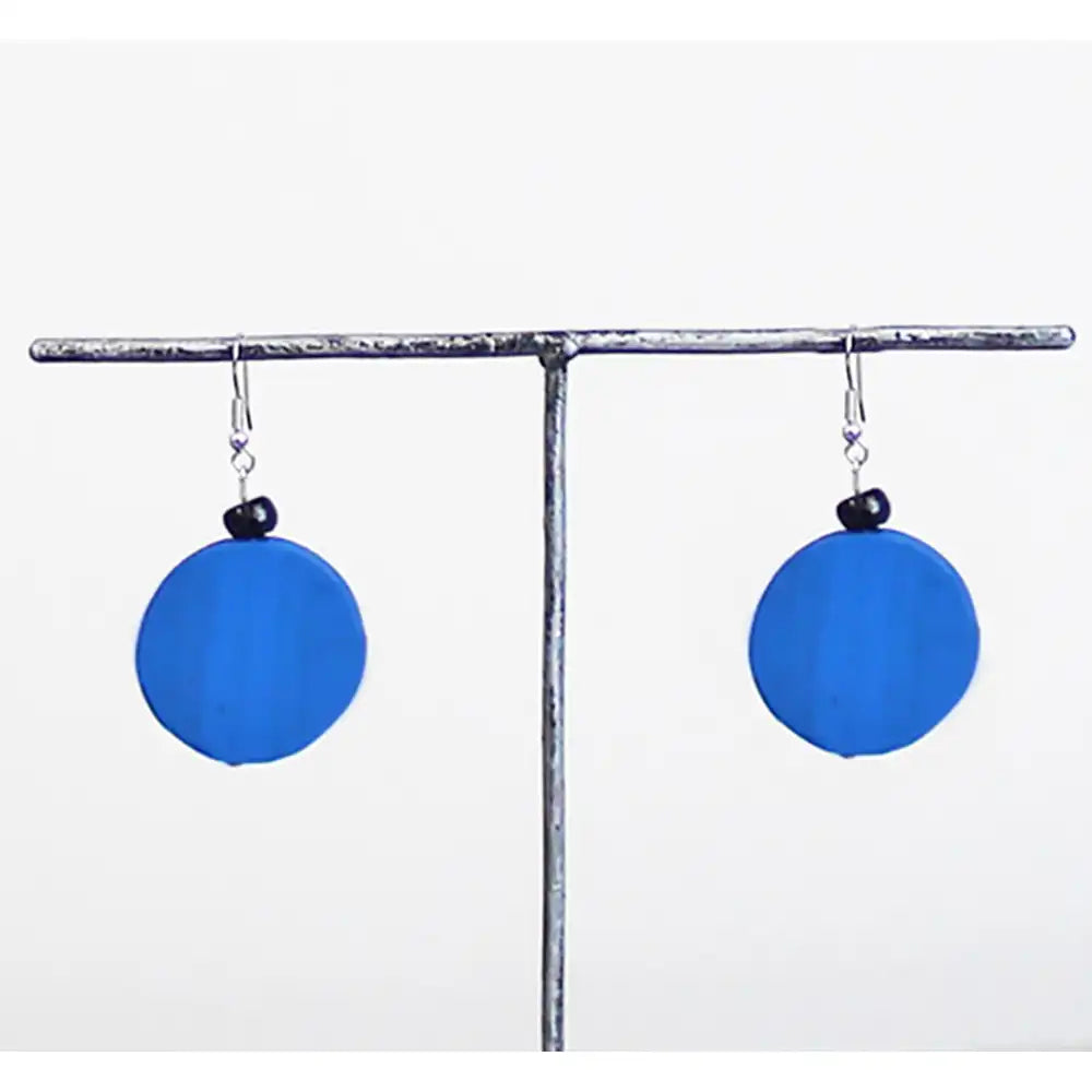 Wooden Disc Earrings - Blue