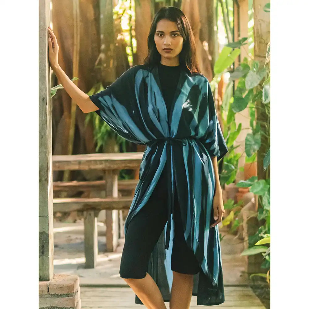 Long Tie Dye Kimono - Black & Blue