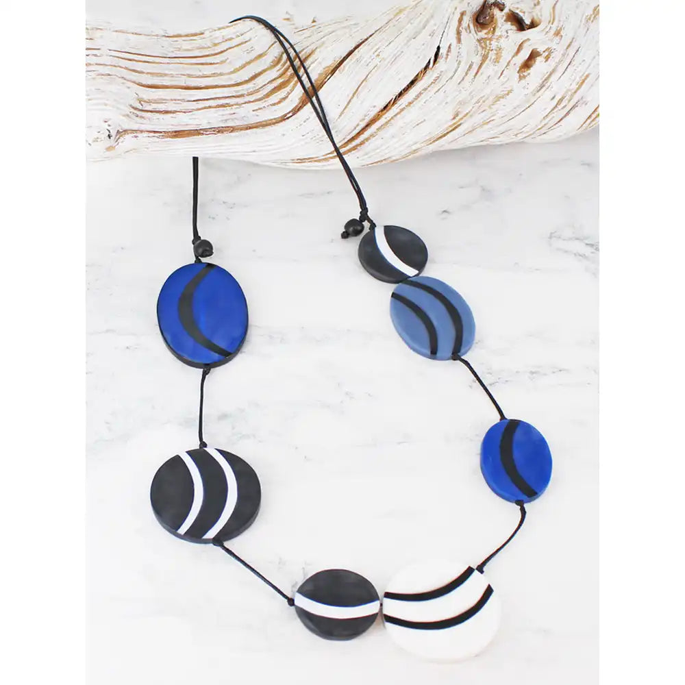 Asymmetric Striped Disc Necklace - Blue