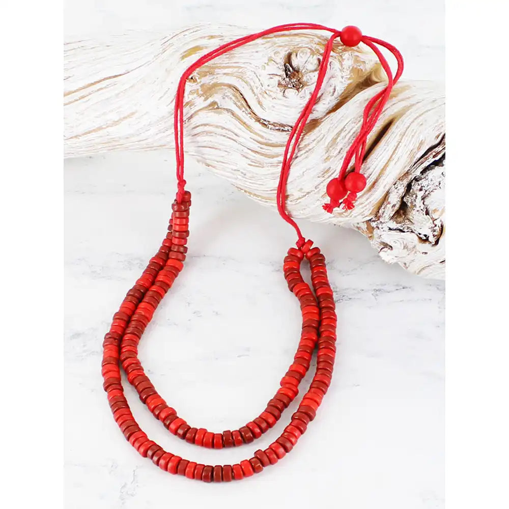 Double Strand Glass Necklace - Red