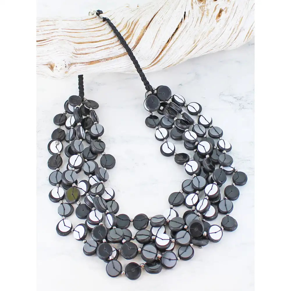 Wood & Sequin Multi Strand Necklace - Grey