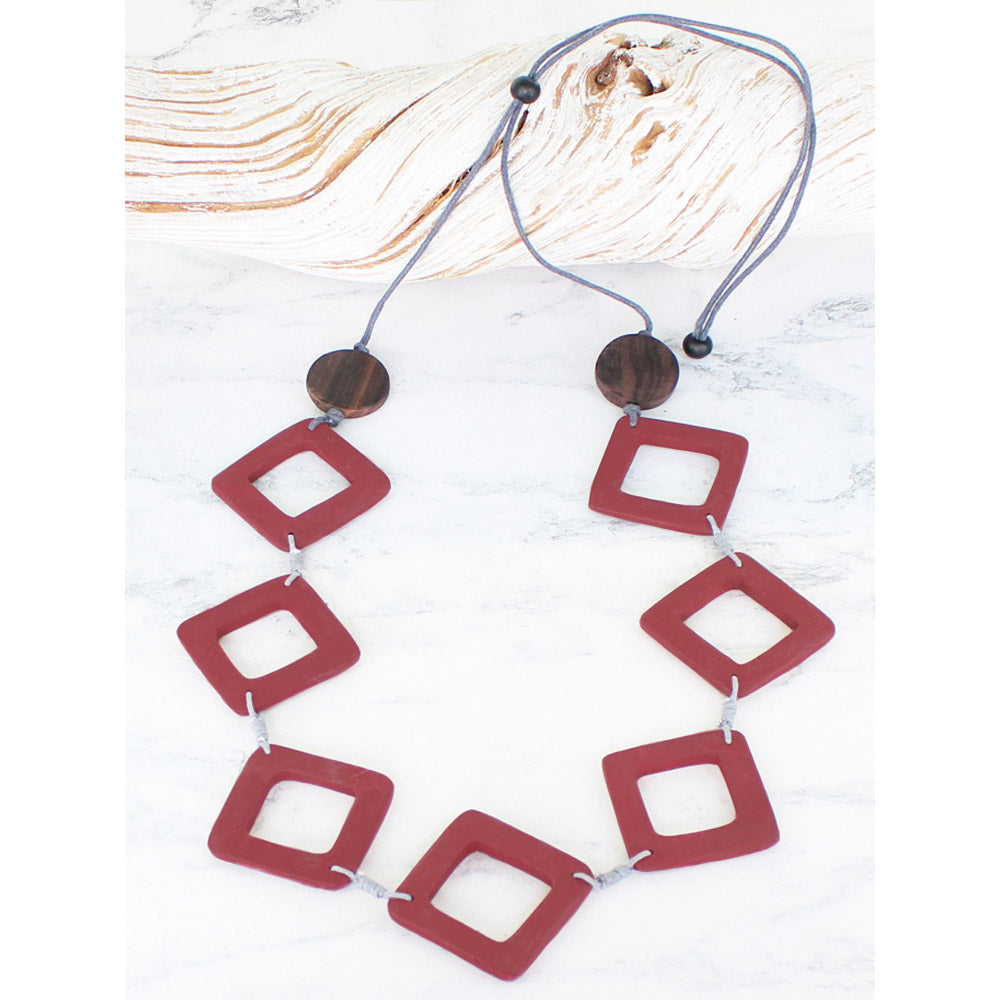 Suzie Blue Wooden Diamond Necklace - Burgundy