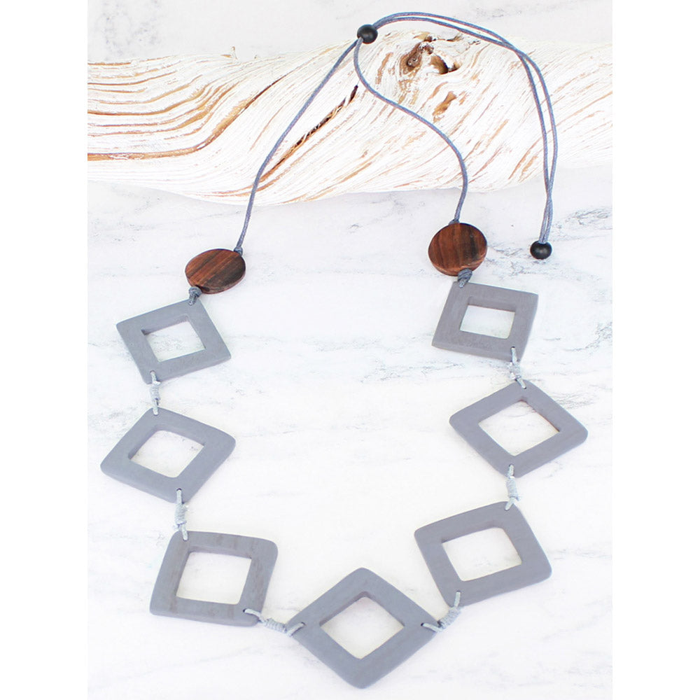 Suzie Blue Wooden Diamond Necklace - Grey