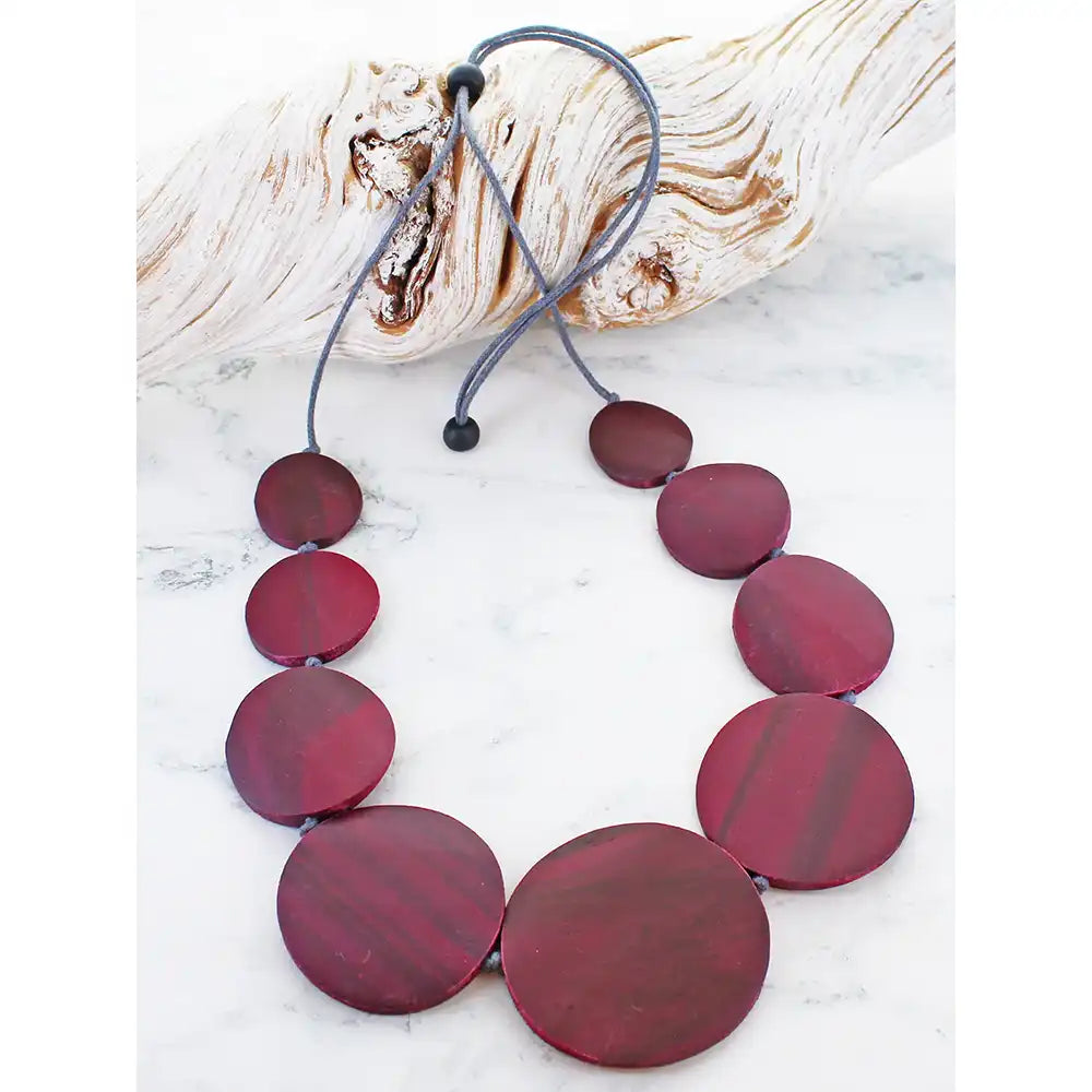 Overlapping Wooden Disc Necklace - Burgundy