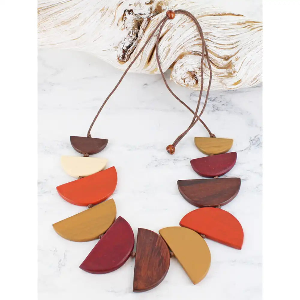 Wooden Half Moon Necklace - Orange