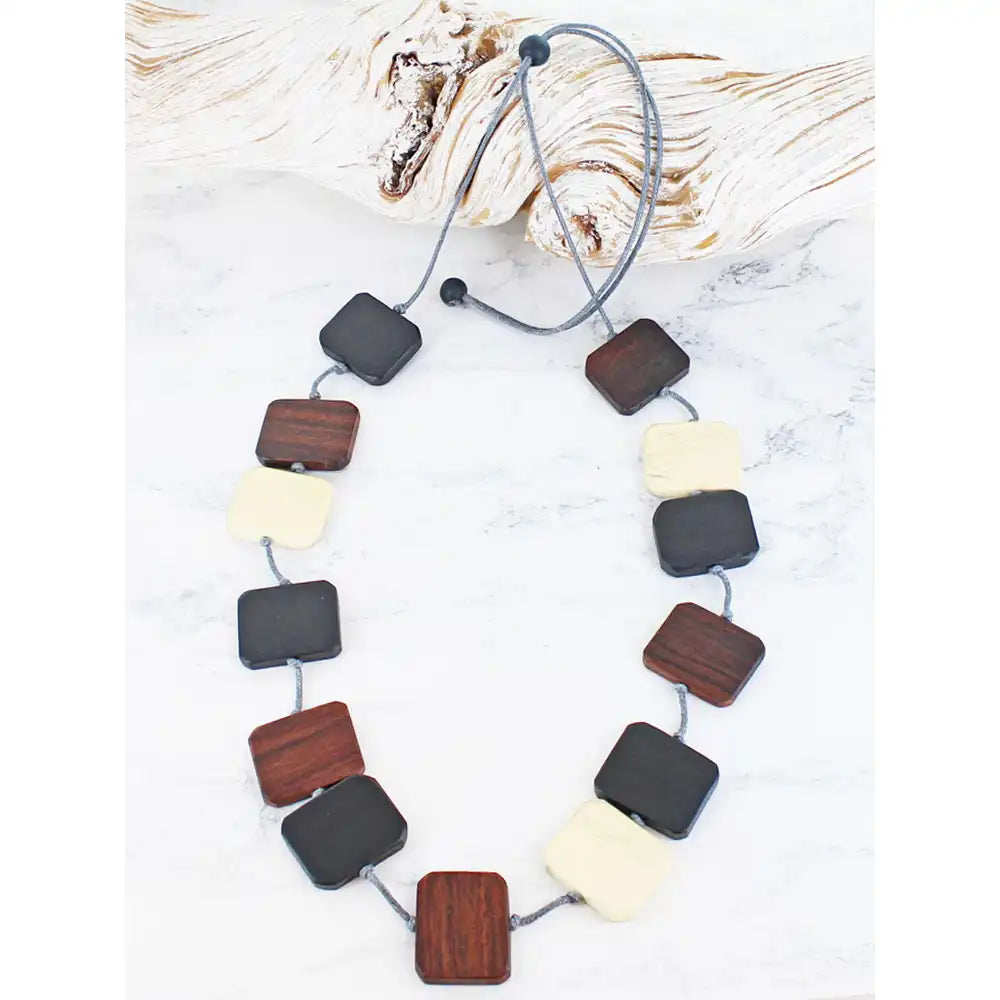 Wooden Square Bead Necklace - Black