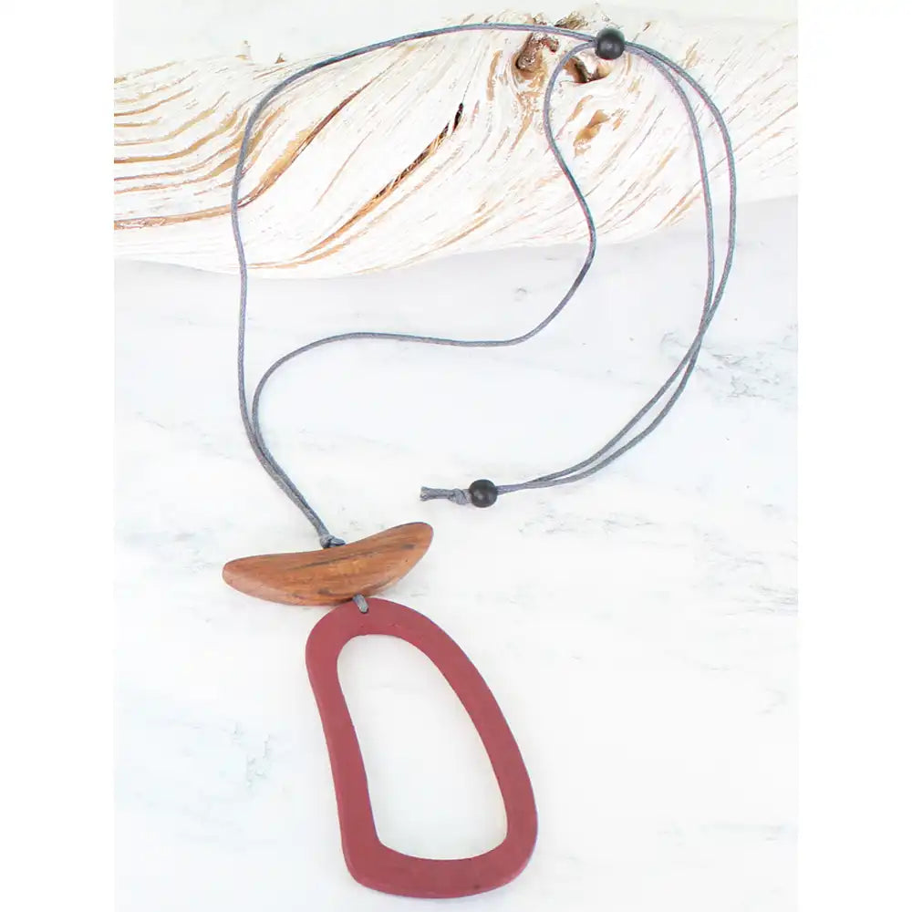 Wooden Hoop Pendant Necklace - Burgundy