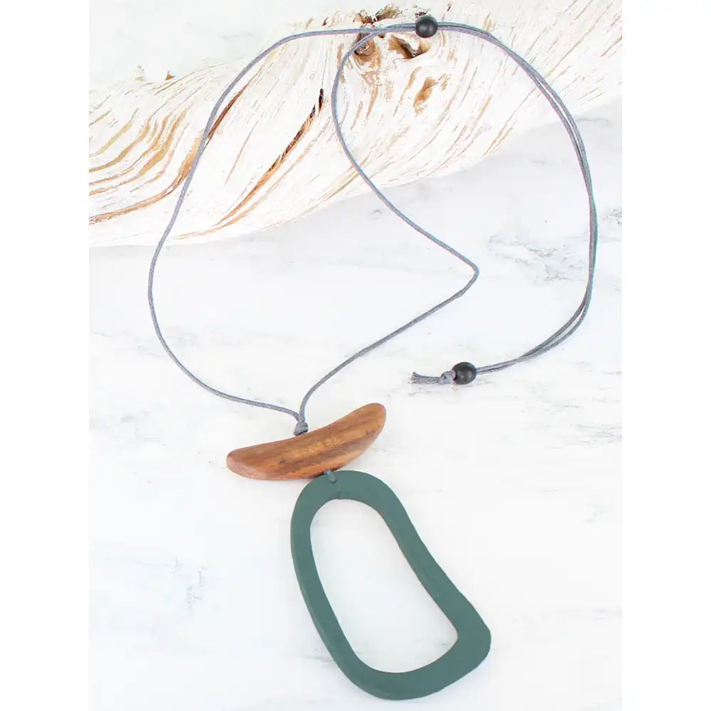 Wooden Hoop Pendant Necklace - Green