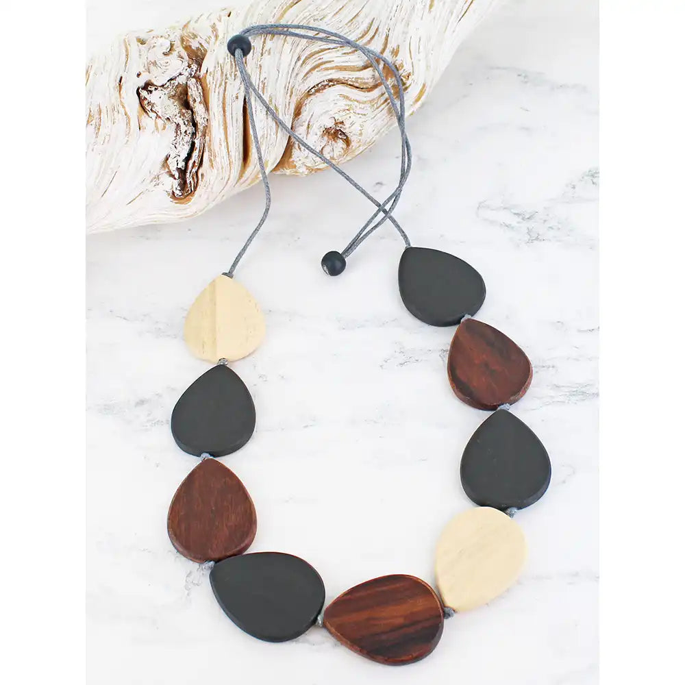 Wooden Teardrop Necklace - Black & Natural