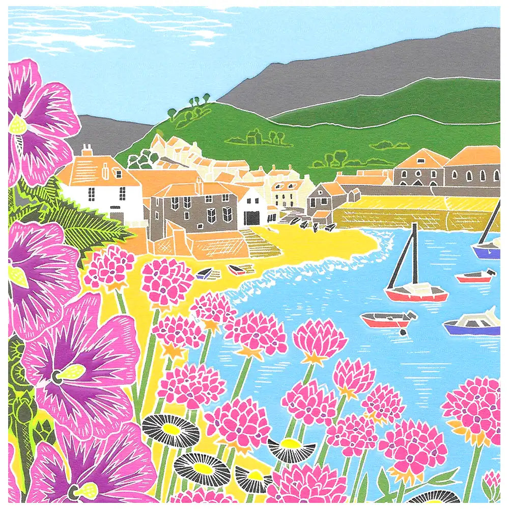 Greetings card with modern stylized picture of flowers in the foreground against a scene of a village by a beach around a bay with boats.