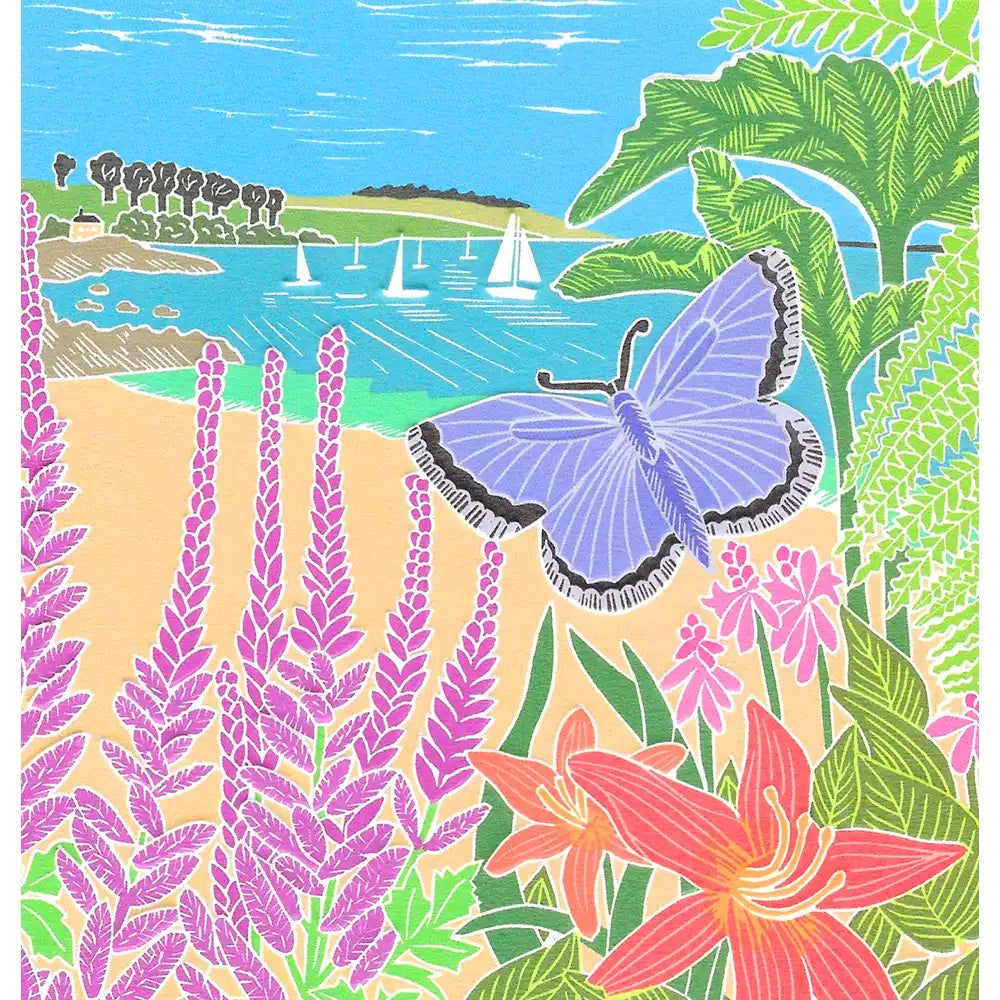 Greetings card with modern stylized picture of blue butterfly over flowers near a beach around a bay with yachts.