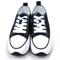 Lace up platform trainers in navy blue. White trim around the base above the black soles. White toe caps. Fabric shoe bodies. Navy blue pull on tabs at the ankles. White stitching detail. Front view.