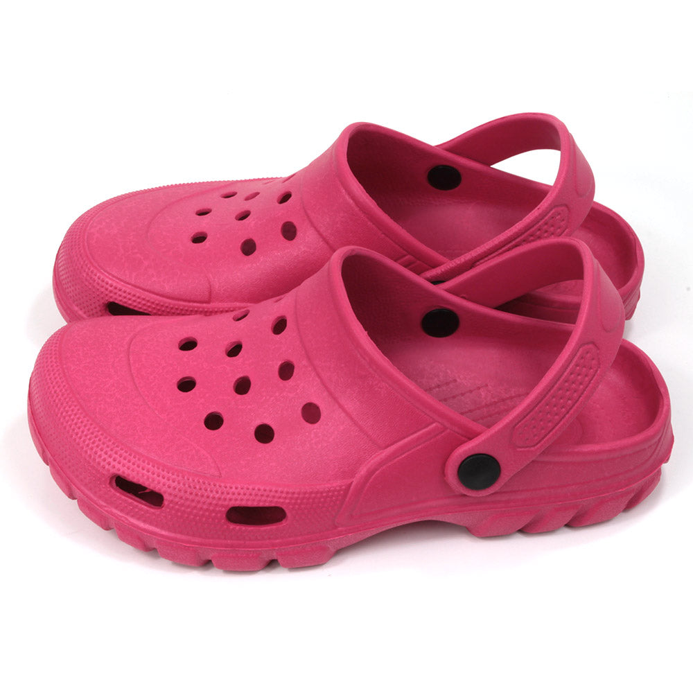 Urban Jack fuchsia pink rubber sandals. Holes for ventilation. Heel straps. Side view. 